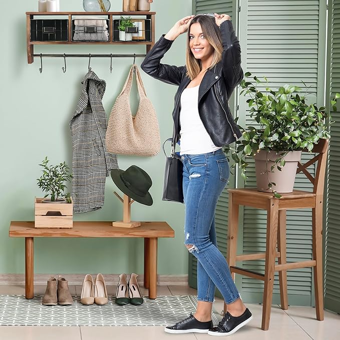 BizChair Wall Mounted Storage Rack - Rustic Brown Solid Pine Wood - 24 Inch - Upper Shelf - 5 Hooks - Wire Baskets - For Entr