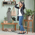 BizChair Wall Mounted Storage Rack - Rustic Brown Solid Pine Wood - 24 Inch - Upper Shelf - 5 Hooks - Wire Baskets - For Entr