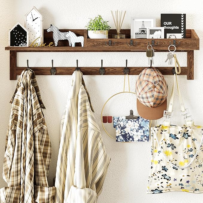 AMBIRD Coat Rack Wall Mount, 35 inch Large Wall Hooks with Shelf, Entryway Shelf with 7 Dual Coat Hooks 4 Key Hooks Mail Orga