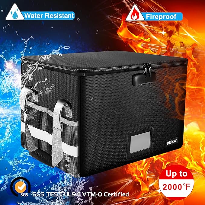 ENGPOW File Box with Lock, Fireproof Document Box with Pockets, Collapsible File Organizer Filing Storage Cabinet with Handle