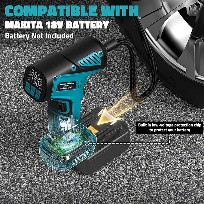 150PSI Tire Inflator Portable Air Compressor: Cordless Air Pump Compatible with Makita 18V Battery - Car Tire Pump with Digital Pressure Gauge & LED Light for Auto, Motorcycles(Bare Tool)