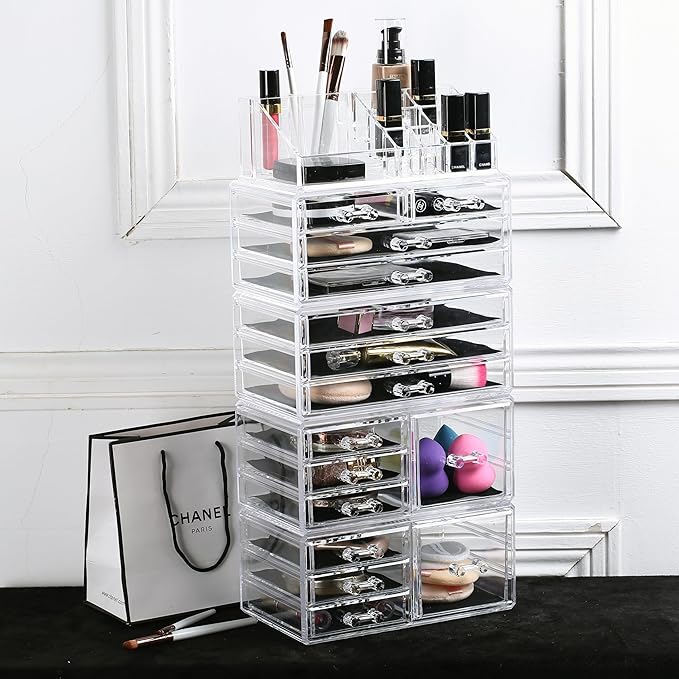 Ikee Design 5 Pcs Set Acrylic Makeup Organizer with 15 Drawers and Removable Top Lipstick Holders, Ideal for Make-up, Accesso