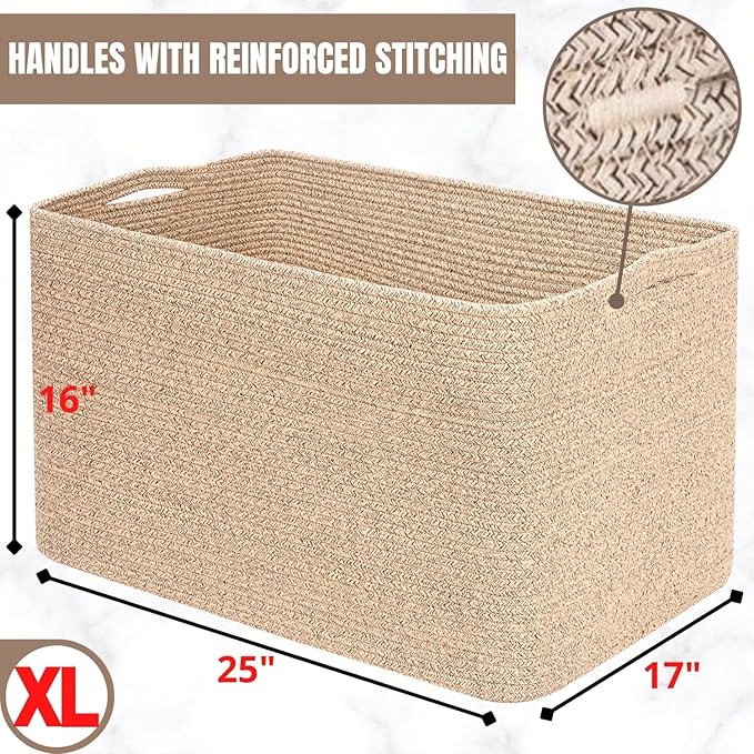 MINTWOOD Design 112L Extra Large Blanket Basket Holder Living Room, 25"x17"x16" Rectangle Rope Woven Storage Basket with Hand