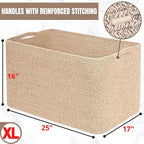MINTWOOD Design 112L Extra Large Blanket Basket Holder Living Room, 25"x17"x16" Rectangle Rope Woven Storage Basket with Hand