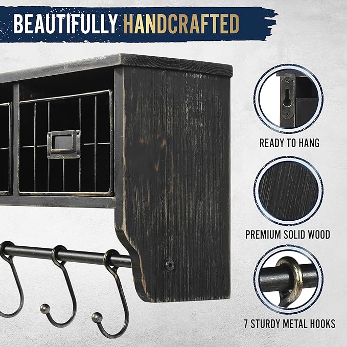 BizChair Wall Mounted Storage Rack - Blackwashed Solid Pine Wood - 24 Inch - Upper Shelf - 5 Hooks - Wire Baskets - For Entry