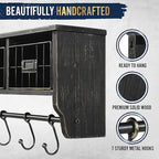 BizChair Wall Mounted Storage Rack - Blackwashed Solid Pine Wood - 24 Inch - Upper Shelf - 5 Hooks - Wire Baskets - For Entry