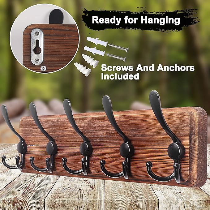 Dseap Coat Rack Wall Mounted - 5 Tri Hooks, Heavy Duty, Wooden Wall Coat Hanger Coat Hook for Clothes Hat Jacket Clothing, Na