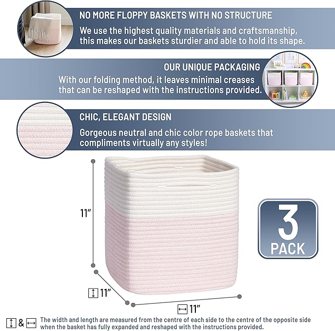 NaturalCozy Storage Cubes 11 Inch Cotton Rope Woven Baskets for Organizing, 3-Pack | Cube Storage Bin | Square Storage Basket