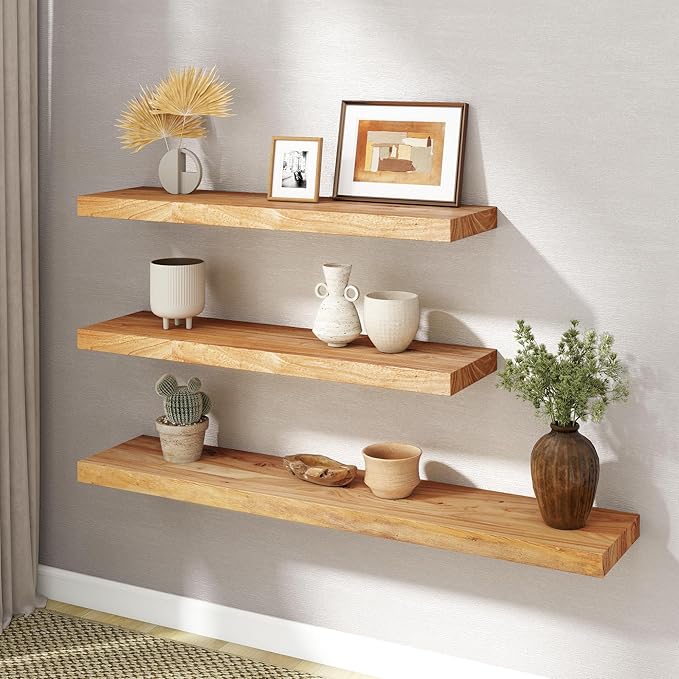 RICHFOCUS Elm Floating Shelves for Wall - 48" W x 9.3" D Rustic Solid Wood Shelves with Invisible Bracket, Wall-Mounted for L