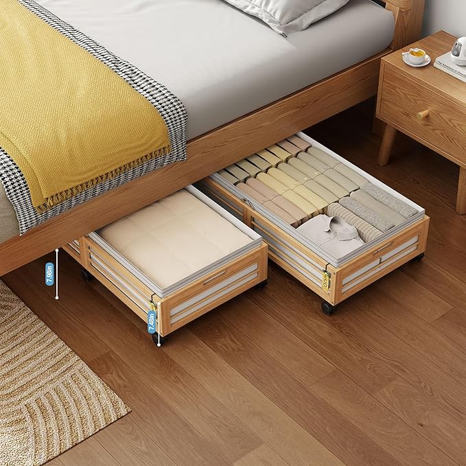 Under Bed Storage Containers with Wheels, Larger Bamboo Wood Under Furniture Storage Containers with Dust Bags，Rolling for Sh