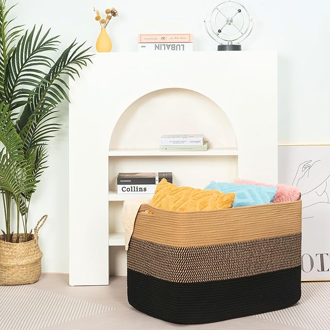 MINTWOOD Design 112L Extra Large Blanket Basket Holder Living Room, 25"x17"x16" Rectangle Rope Woven Storage Basket with Hand