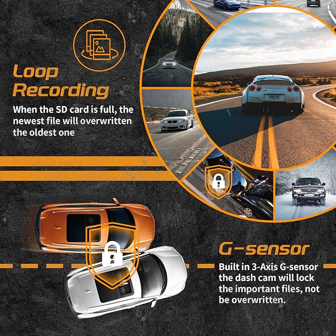 iiwey T1-pro Dash Cam Front and Rear Inside 3 Channel 1080P, Adjustable Lens Dash Camera for Cars with 8 IR Lamps Night Visio