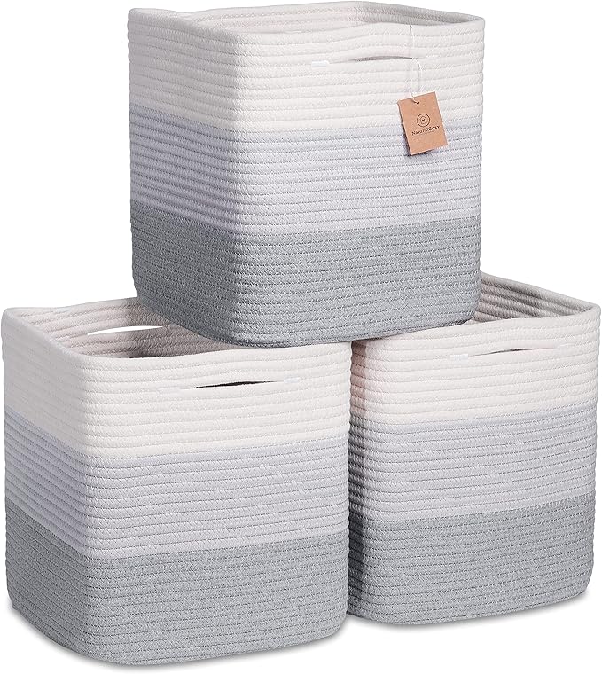 NaturalCozy Storage Cubes 11 Inch Cotton Rope Woven Baskets for Organizing, 3-Pack | Cube Storage Bin | Square Storage Basket