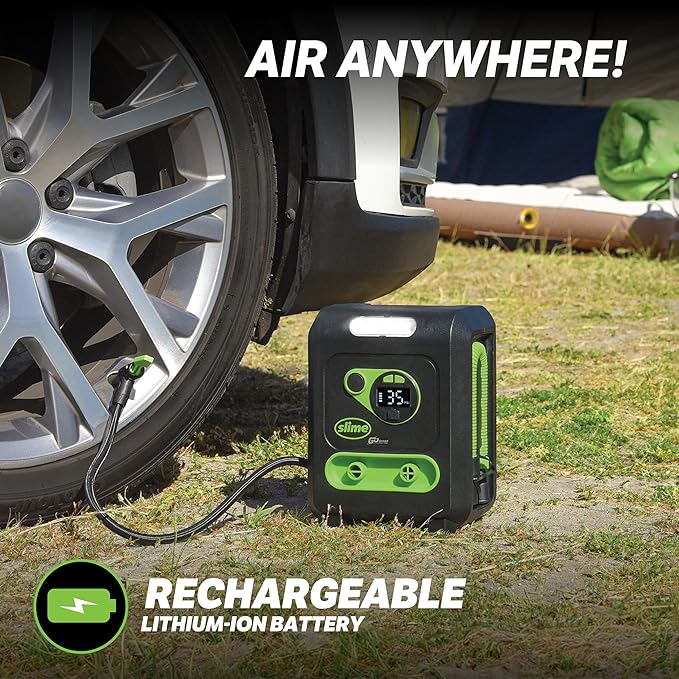 Slime 40085 Tire Inflator, Cordless, Multi-Purpose, Portable Air Compressor Pump, Auto Shut-Off, Lithium Ion Battery and LED Light, Rechargeable, 6 min Inflation