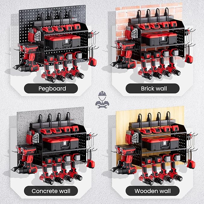 TRZZ Power Tool Organizer Wall Mount, 3-Layer Charging Station with 8 Outlets, 6 Drill Holders and Drill Bit Rack, Efficient 