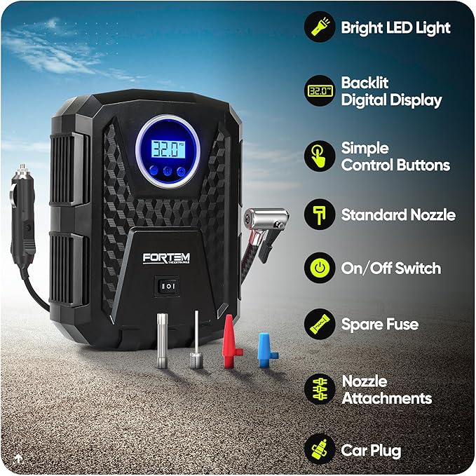 FORTEM Tire Inflator Portable Air Compressor, Air Pump for Car Tires and Bikes, Car Tire Pump w/Auto Shut Off, 150 PSI, 12V DC, LED Light, Carrying Case, for Men, Women