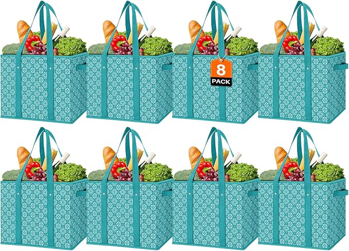 WISELIFE Reusable Grocery Bags 8 Pack,Large Grocery Tote Bag Water Resistant Shopping Bags Foldable Grocery Bag for Clothes,Shoes and Picnic,Green
