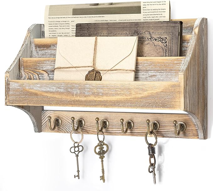 Rebee Vision Pine Wood Rustic Key Holder Wall Mount - Farmhouse 3-Tire Mail Holder with 6 Key Hooks - Multifunctional Wall Or