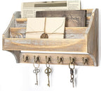 Rebee Vision Pine Wood Rustic Key Holder Wall Mount - Farmhouse 3-Tire Mail Holder with 6 Key Hooks - Multifunctional Wall Or