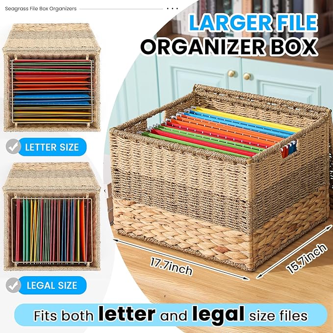 Cinnvoice Extra Large Decorative File Box 18 x 16 x 13 in Wicker Seagrass File Basket Organizer for Letter Legal Size Hand Wo