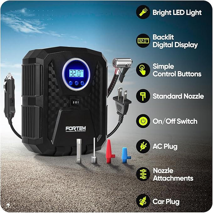 FORTEM Tire Inflator Portable Air Compressor, Air Pump for Car Tires and Bikes, Car Tire Pump w/Auto Shut Off, 150 PSI, 110V AC 12V DC, LED Light, Carrying Case, for Men, Women
