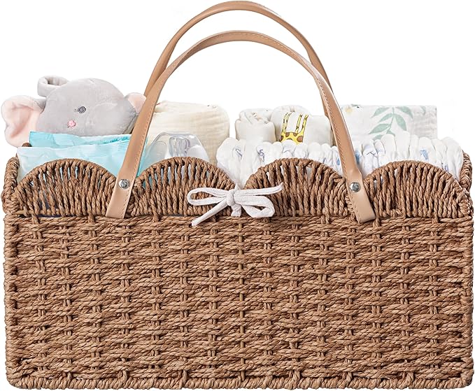 HBlife Large Baby Diaper Caddy, Paper Rope Storage Baskets Nursery Bin with Removable Divider, Portable Car Organizer for Dia