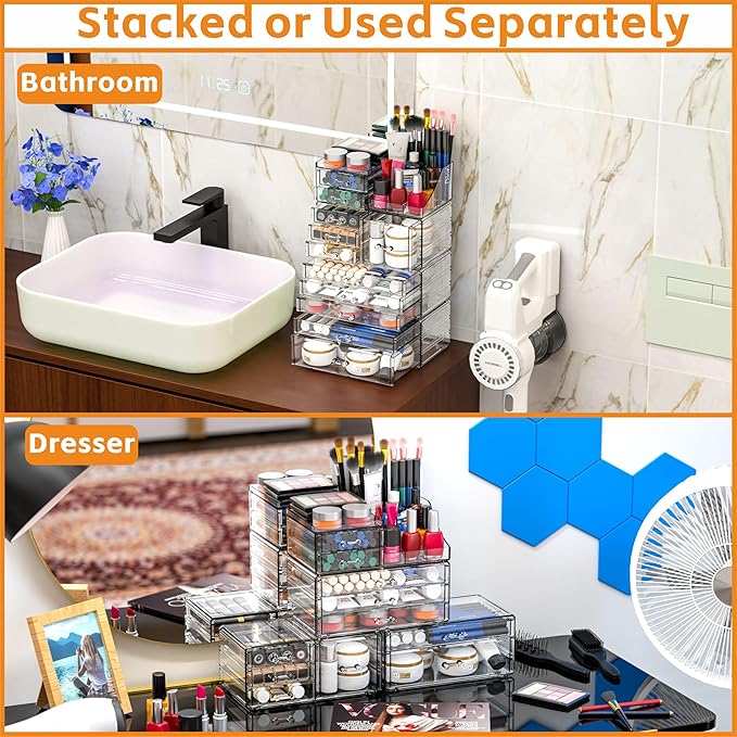 Acrylic Clear Makeup Organizer Countertop,Stackable Skincare Organizer for Vanity With 11 Drawer,Large Plastic Desk Accessori