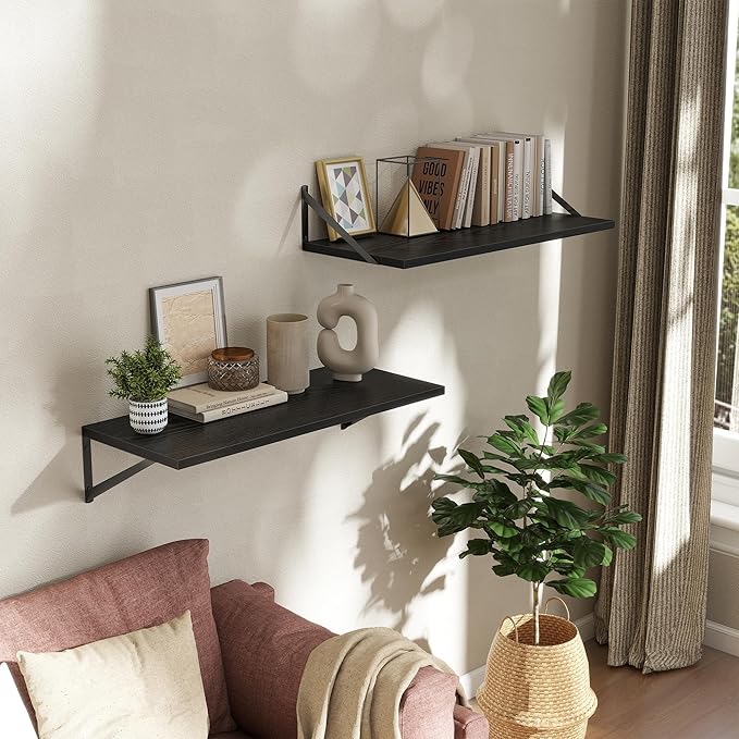 Deep Floating Shelves Wall Mounted, 30"x12" Black Wall Shelves with Brackets Set of 2 for Bedroom, Living Room, Bathroom, Kit