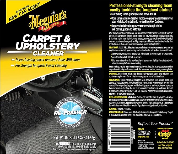 Meguiar's Carpet & Upholstery Cleaner – Deep Cleaning Power Removes Stains and Odors – G9719, 19 oz