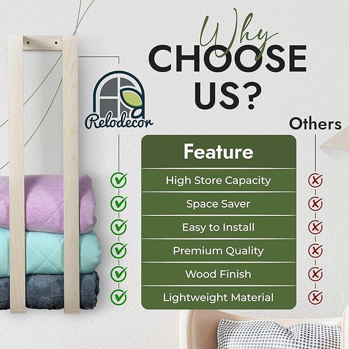 RELODECOR Blanket Wall Rack – Decorative Farmhouse Style Wooden Ladder – Rustic Quilt & Towel Holder – Wall Mounted Storage R