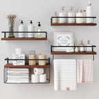 Bathroom Floating Shelves Wall Mounted - 4+1 Tier Rustic Wooden Bathroom Wall Shelves Over Toilet with Wire Storage Basket&To