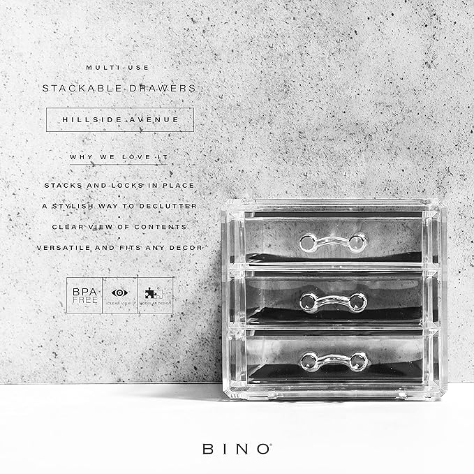 BINO THE MANHATTAN SERIES Acrylic Makeup Drawer Organizer- 3 Drawer Small | Clear Beauty Organizers and Storage| Cosmetic & M