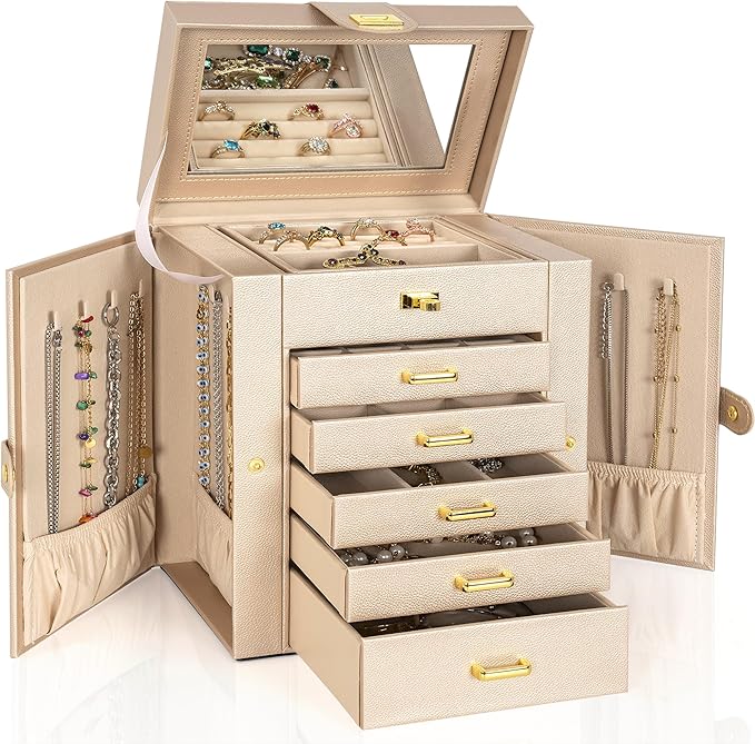 AKOZLIN 6-Tier Jewelry Box Organizer Functional Leather Jewelry Storage Case for Women Girls Ring Necklace Earring Bracelet H