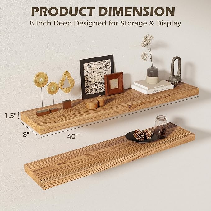 40 Inch Floating Shelves for Wall, 8"D High End Solid Hardwood Shelves for Decor Storage, Rustic Wall Shelves with Invisible 