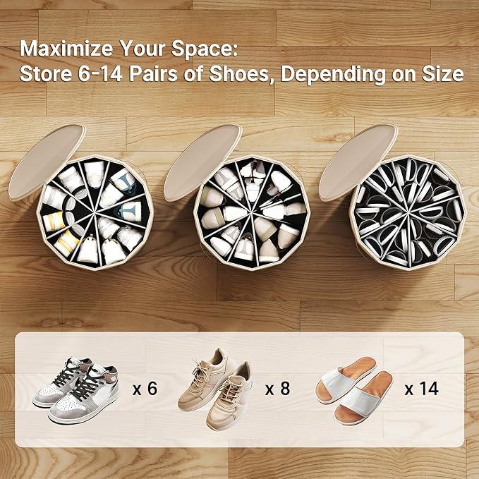 Vailando Shoe Organizer for Closet - Cylindrical Shoe Storage Organizer with Adjustable Dividers for Closet, Foldable Shoe St