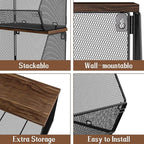 Stackable Fruit Basket for Kitchen Countertop Space Saving, Wall Mounted Mesh Metal Wire Baskets with Wood Lid Extra Storage,