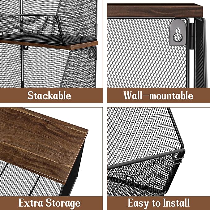Stackable Fruit Basket for Kitchen Countertop Space Saving, Wall Mounted Mesh Metal Wire Baskets with Wood Lid Extra Storage,
