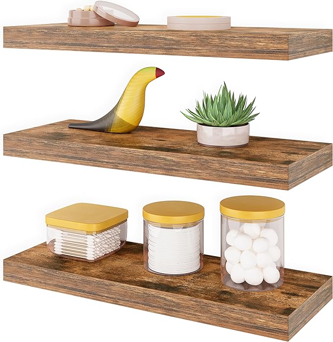 Ballucci Floating Shelves, 16" Wood Wall Shelf Set of 3, Invisible Brackets Floating Shelf for Wall Decor Living Room, Bathro