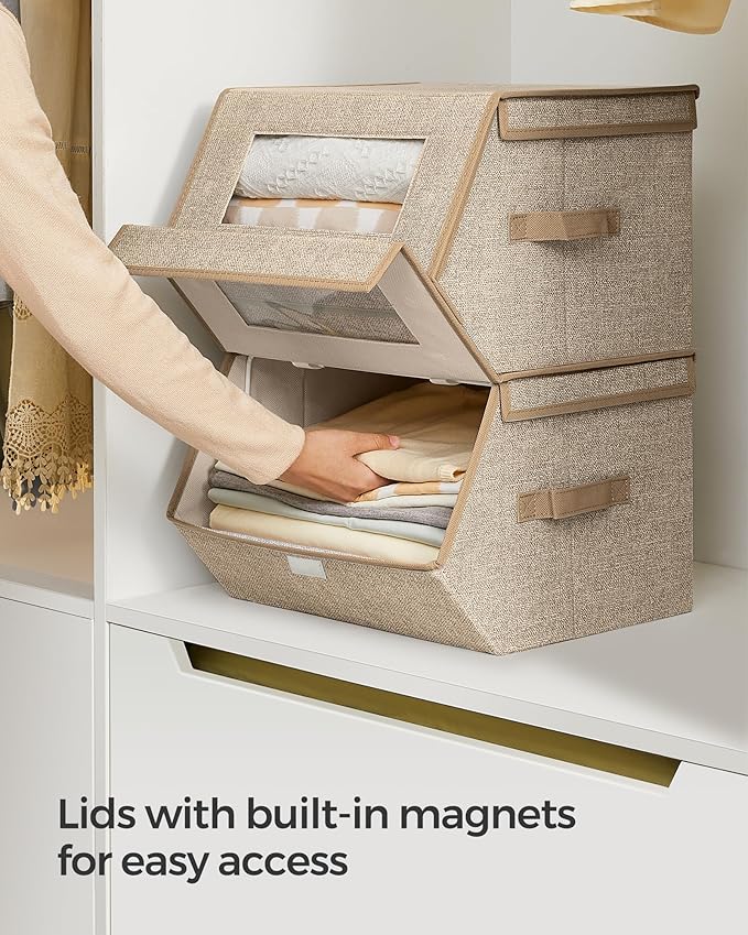 SONGMICS Stackable Storage Bins Set of 2, Storage Boxes with Lids and Front Windows, Non-Woven Fabric Closet Organizers with 