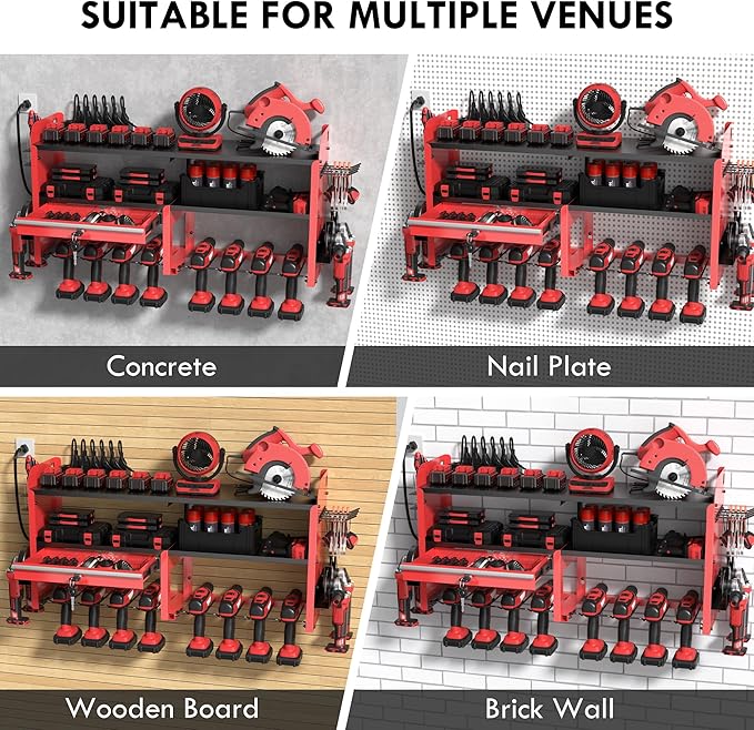 KSVO Power Tool Organizer Wall Mount with Drill Rack, Grinder Holder, Hammer & Pliers Rack, Locking Drawers, 6-Outlet Chargin