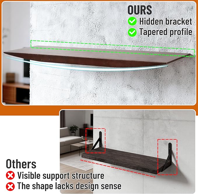 Floating Shelves for Concrete Wall: Solid Wood Shelf 15.75 and 23.6 inch with Heavy Duty Hidden Bracket for Display Books Pla