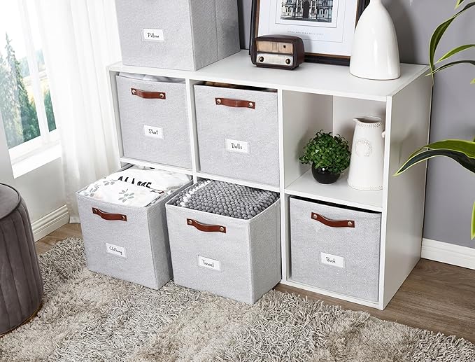 DECOMOMO Storage Baskets, 13x15x13 Storage Cube Bins with Labels for Organizing Shelves (Kallax / 4pcs, Light Texture Grey)