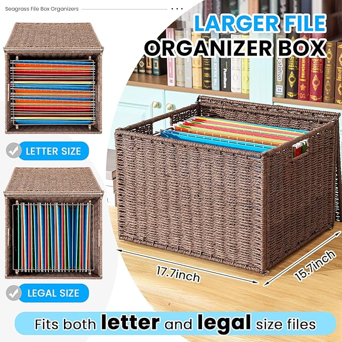 Cinnvoice Extra Large Decorative File Box 18 x 16 x 13 in Wicker Seagrass File Basket Organizer for Letter Legal Size Hand Wo
