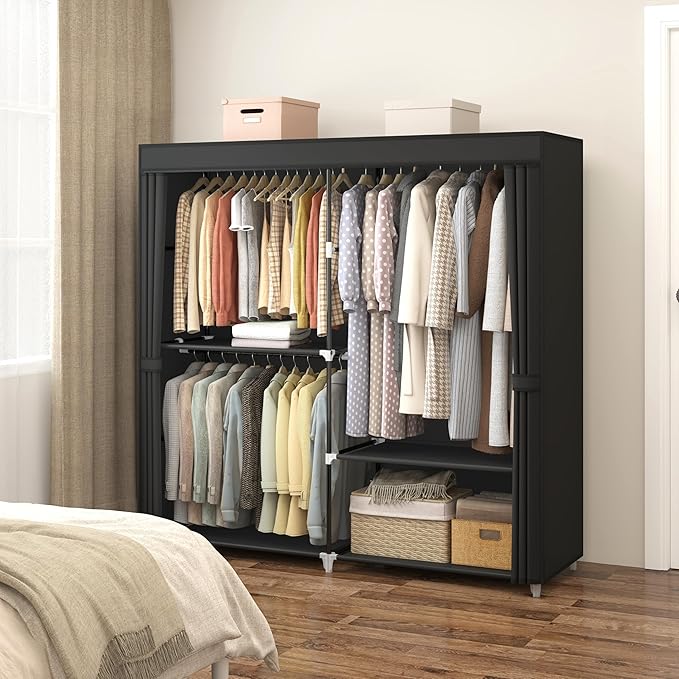 MOGELAFOO 62.5" Closet Wardrobe, Portable Closet for Bedroom, Freestanding Clothes Rack with Non-Woven Fabric Cover, 3 Hangin