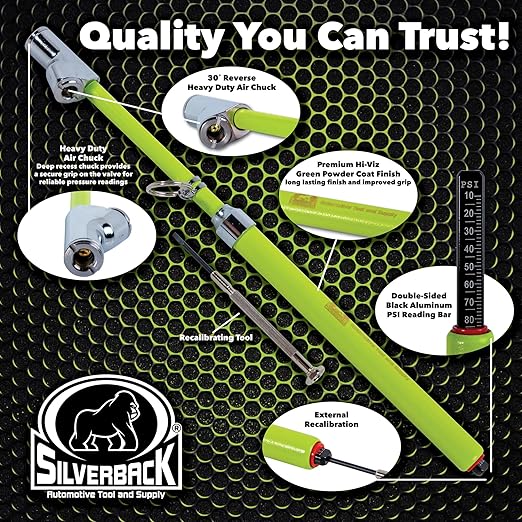 Silverback Hi-Visibility Green Dual Foot Commercial Truck Tire Pressure Gauge, Recalibratable. Heavy Duty Stick Gauge with Black Metal Bar, Range 10-150 PSI in 2 PSI Increments.