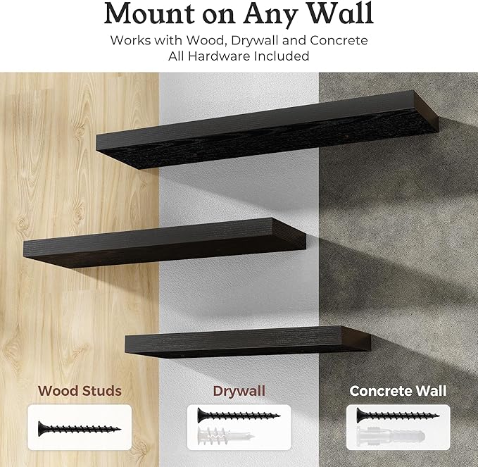 Floating Shelves for Wall, 7.9" Deep Wall Mounted Wood Shelves for Bathroom, Bedroom, Living Room, Kitchen, Hanging Shelf for