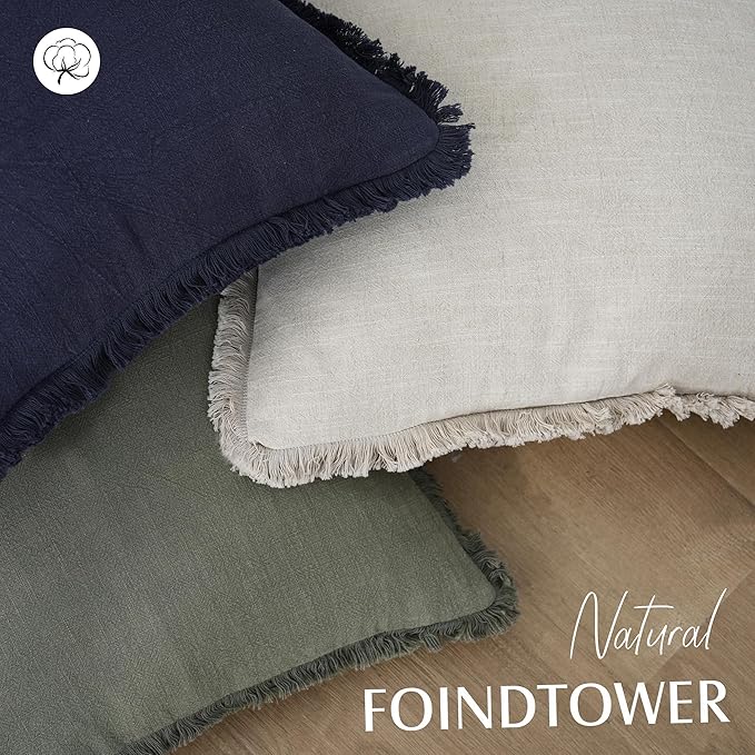 Foindtower Set of 2 Decorative Linen Fringe Lumbar Throw Pillow Covers Boho Farmhouse Cushion Cover with Tassels Cozy Accent 