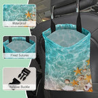 Starfish and Seashells Car Garbage Bag,Summer Ocean Waterproof Small Car Trash Bag Hanging Back of Seat,Drawstring Hanging Car Trash Bag with Adjustable Buckle for Car Accessories