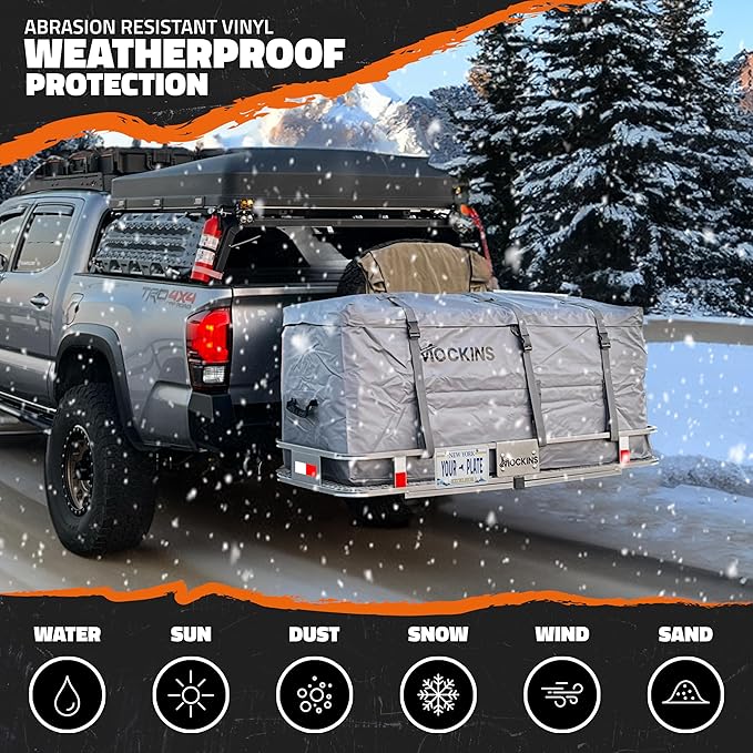 Mockins 60"x20"x6" Gray Heavy Duty Trailer Hitch Cargo Carrier & 16 CuFt Waterproof Cargo Bag for Hitch Carrier | 500 Lbs. Capacity Folding Luggage Rack for SUV Car Truck Van & RV w/Cargo Accessories