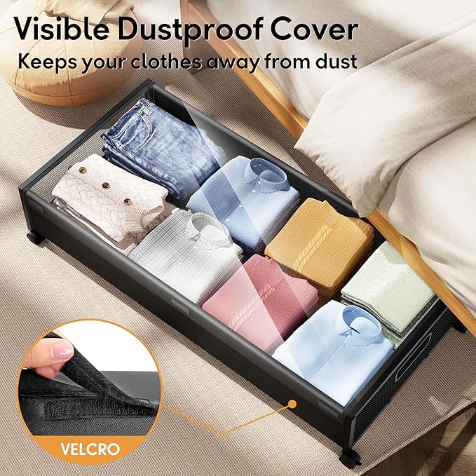Under Bed Storage with Wheels，4 Pack Under Bed Storage Containers,Underbed Shoe Storage Bedroom Large Capacity Under Bed Stor
